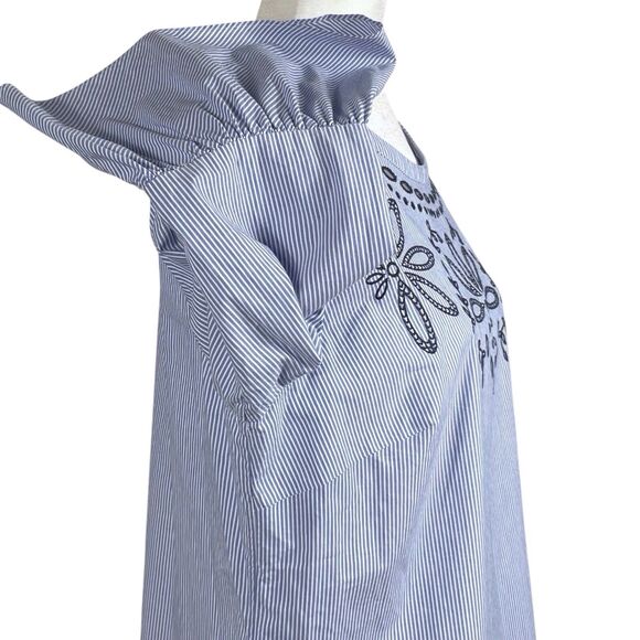 Talbots Embroidered Striped Boho Top Blue White Bell Sleeve Women’s Large EUC - Picture 8 of 16